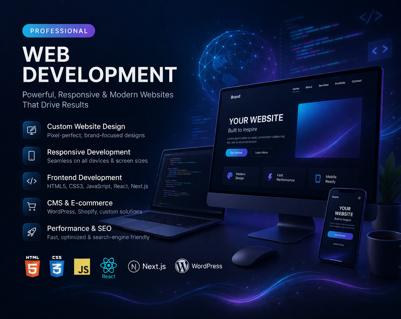 Professional web development interface and responsive website visual